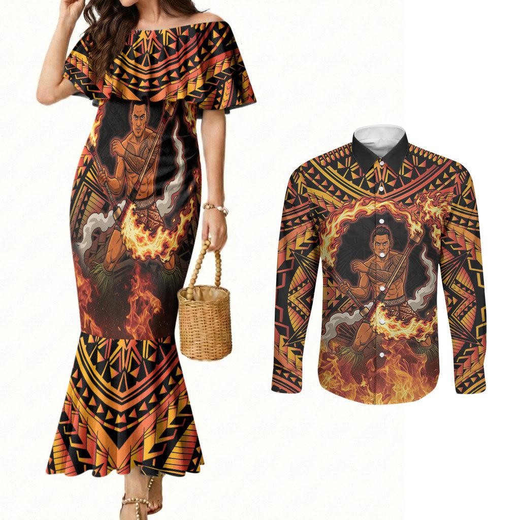 Samoa Siva Afi Dance Fireknife Couples Matching Mermaid Dress and Long Sleeve Button Shirt Samoan Tribal Motif Dancing in the Fire LT9 Red - Polynesian Pride