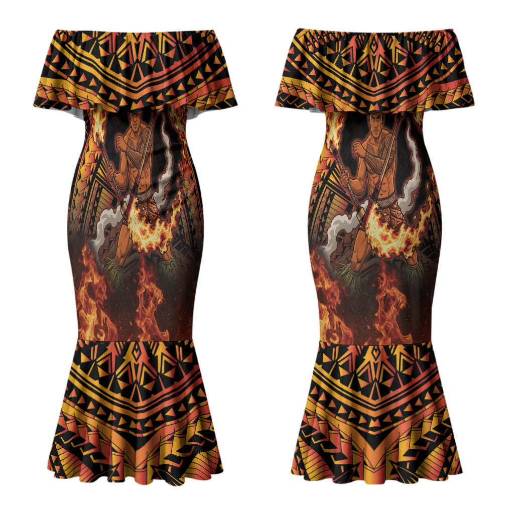 Samoa Siva Afi Dance Fireknife Couples Matching Mermaid Dress and Long Sleeve Button Shirt Samoan Tribal Motif Dancing in the Fire LT9 - Polynesian Pride