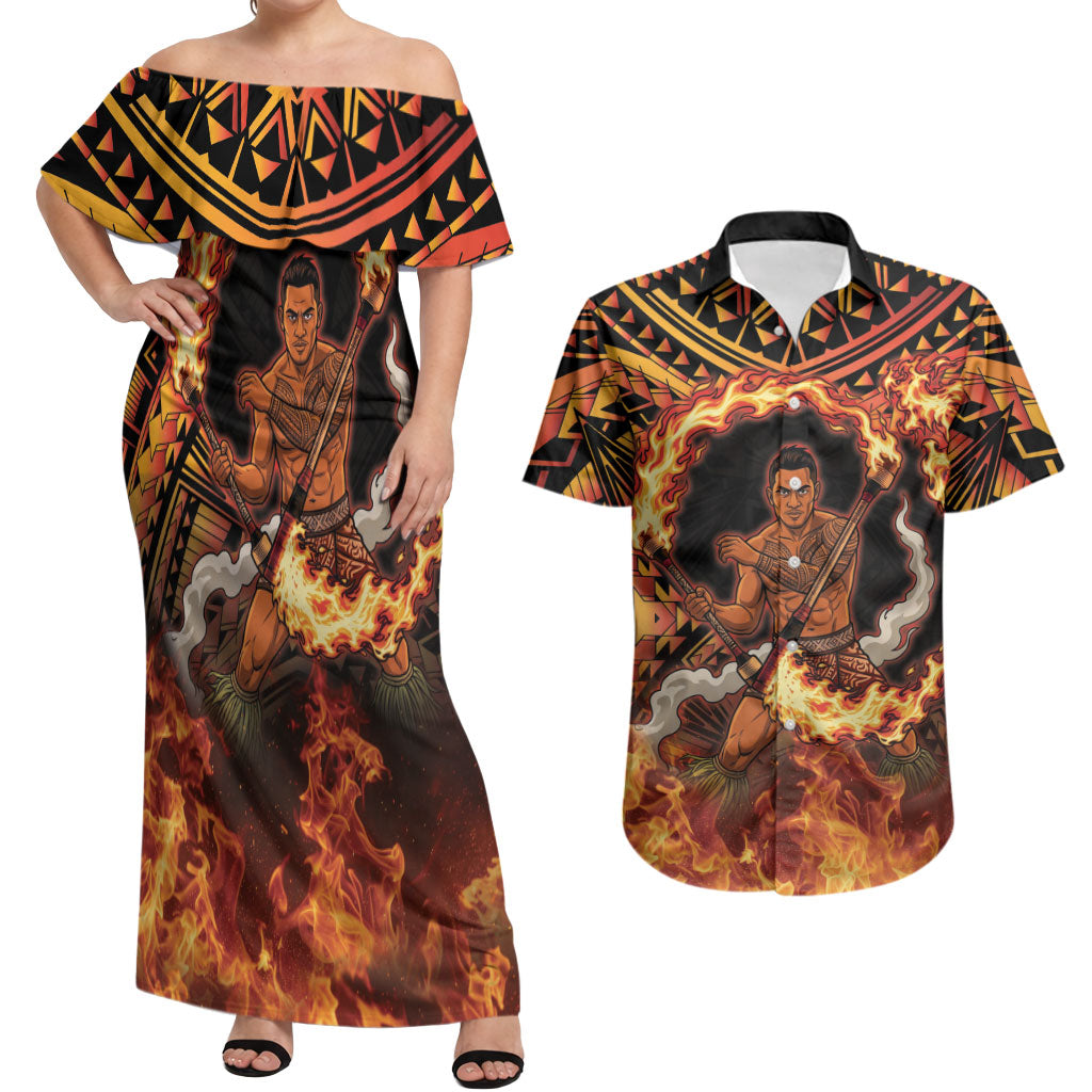 Samoa Siva Afi Dance Fireknife Couples Matching Off Shoulder Maxi Dress and Hawaiian Shirt Samoan Tribal Motif Dancing in the Fire LT9 Red - Polynesian Pride
