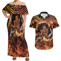 Samoa Siva Afi Dance Fireknife Couples Matching Off Shoulder Maxi Dress and Hawaiian Shirt Samoan Tribal Motif Dancing in the Fire LT9 Red - Polynesian Pride