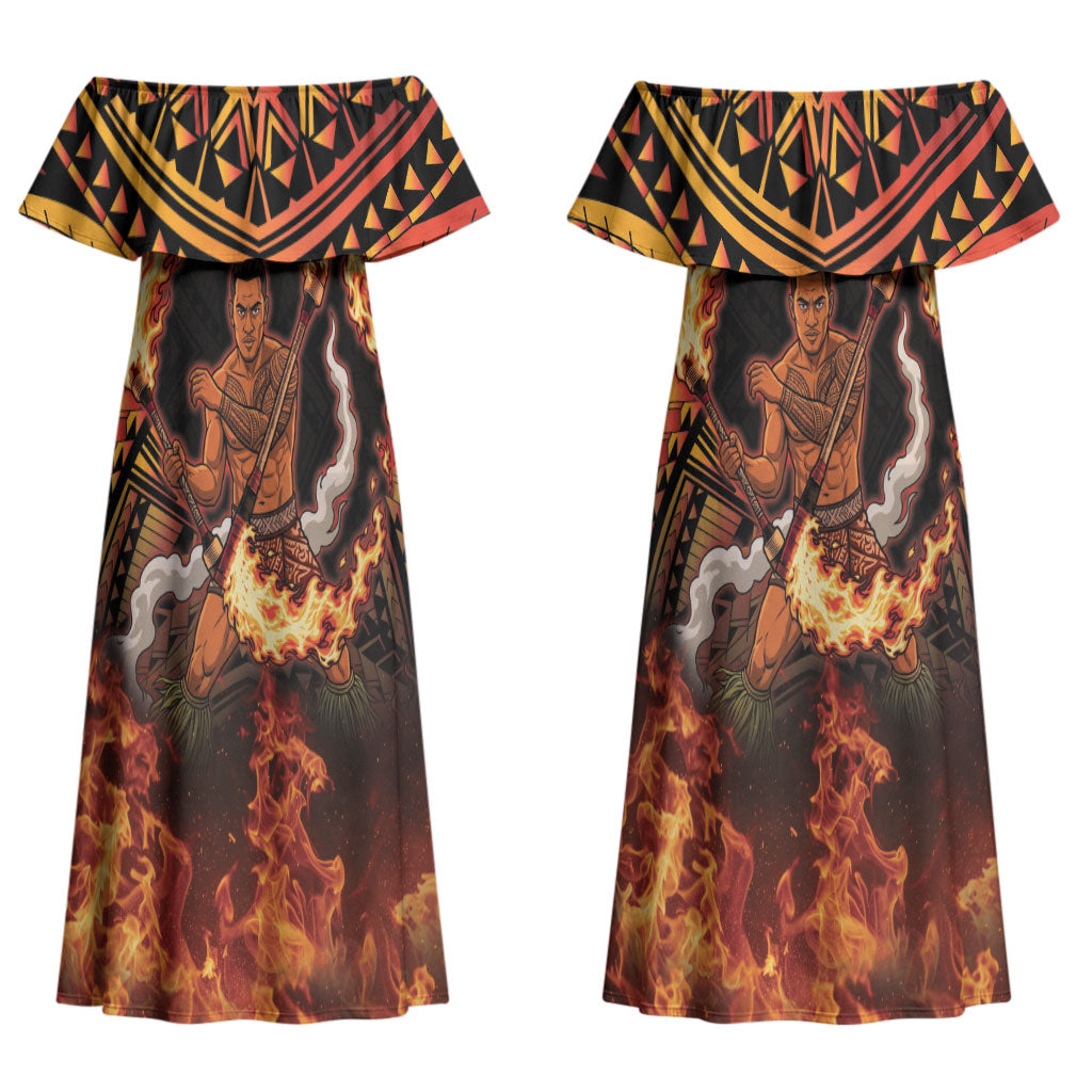Samoa Siva Afi Dance Fireknife Couples Matching Off Shoulder Maxi Dress and Hawaiian Shirt Samoan Tribal Motif Dancing in the Fire LT9 - Polynesian Pride