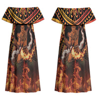 Samoa Siva Afi Dance Fireknife Couples Matching Off Shoulder Maxi Dress and Hawaiian Shirt Samoan Tribal Motif Dancing in the Fire LT9 - Polynesian Pride
