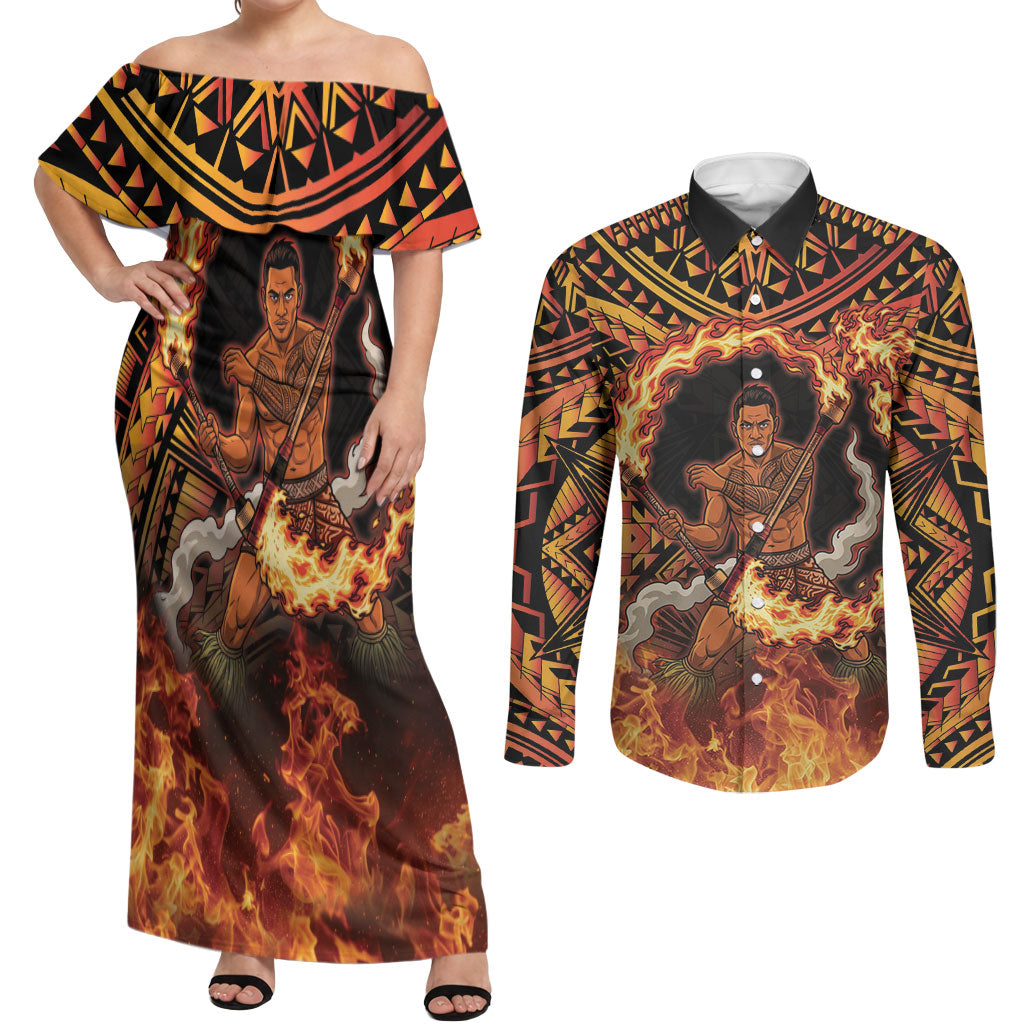 Samoa Siva Afi Dance Fireknife Couples Matching Off Shoulder Maxi Dress and Long Sleeve Button Shirt Samoan Tribal Motif Dancing in the Fire LT9 Red - Polynesian Pride