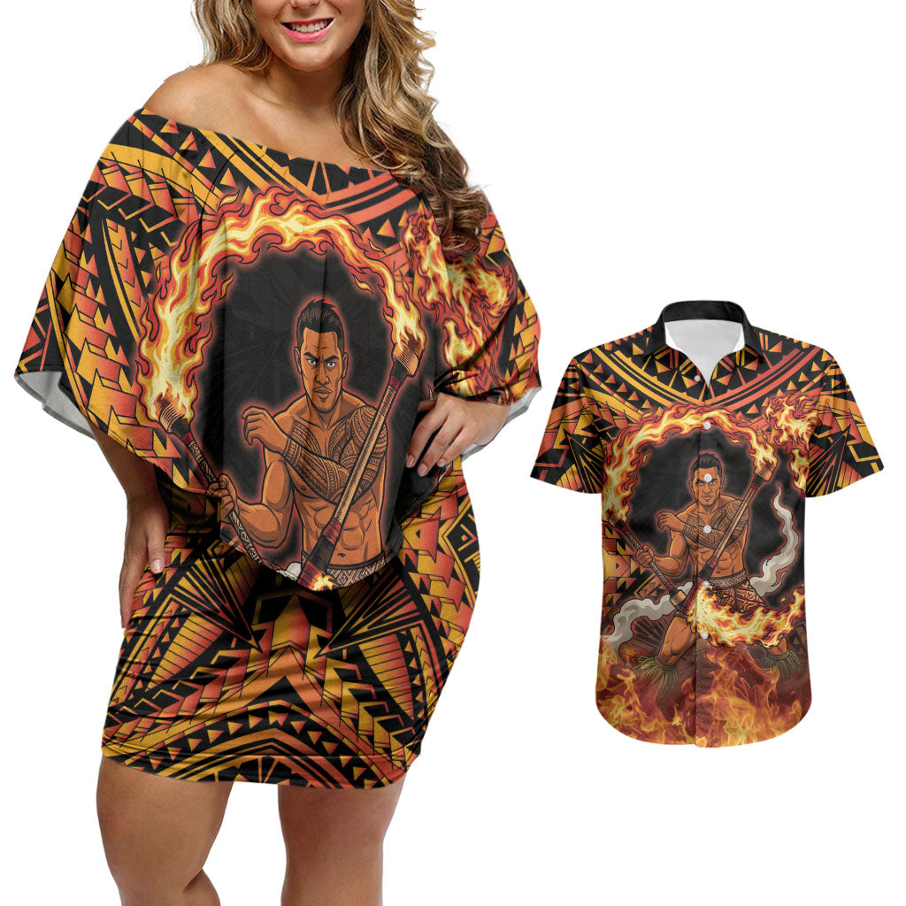 Samoa Siva Afi Dance Fireknife Couples Matching Off Shoulder Short Dress and Hawaiian Shirt Samoan Tribal Motif Dancing in the Fire LT9 Red - Polynesian Pride