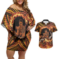 Samoa Siva Afi Dance Fireknife Couples Matching Off Shoulder Short Dress and Hawaiian Shirt Samoan Tribal Motif Dancing in the Fire LT9 Red - Polynesian Pride