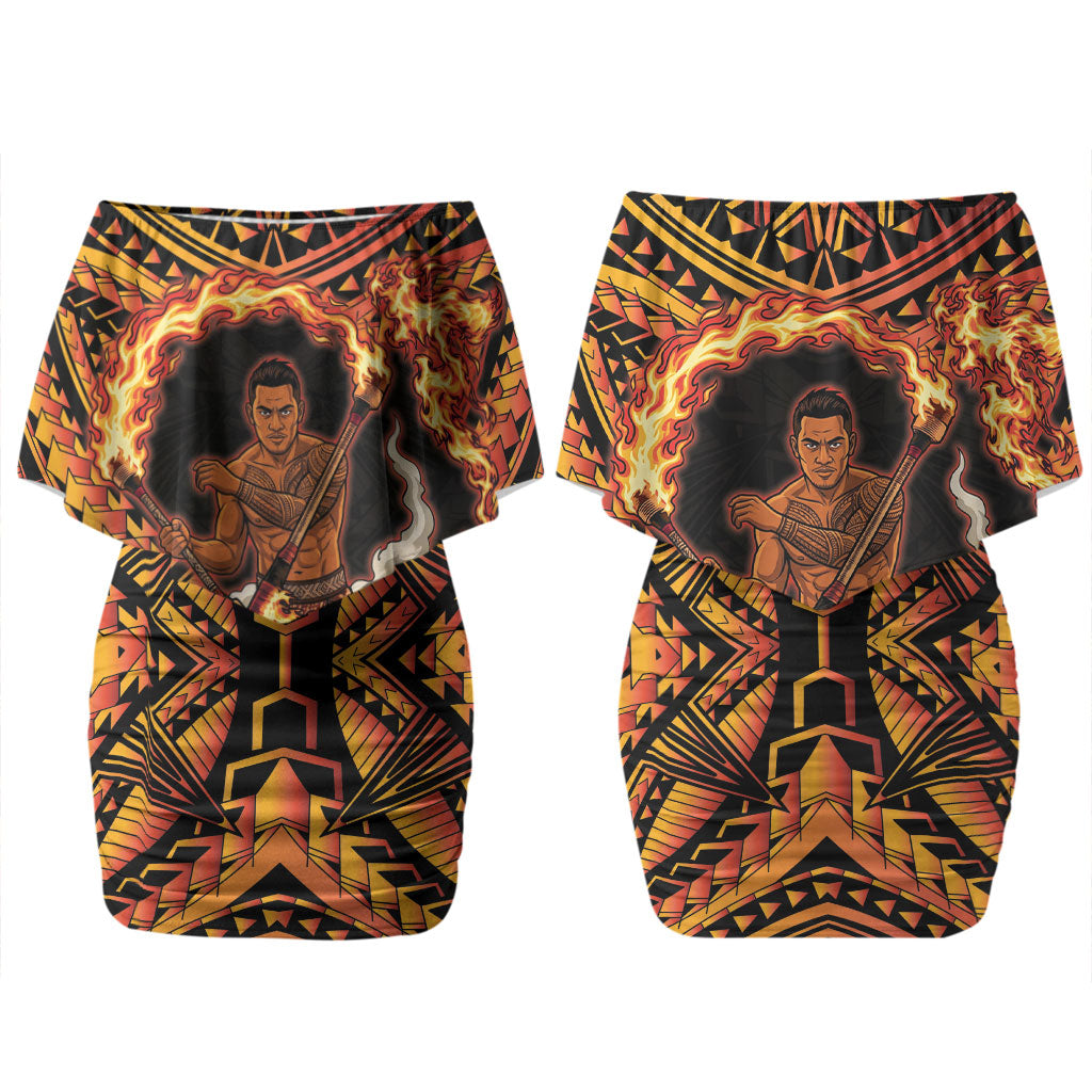 Samoa Siva Afi Dance Fireknife Couples Matching Off Shoulder Short Dress and Hawaiian Shirt Samoan Tribal Motif Dancing in the Fire LT9 - Polynesian Pride
