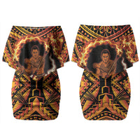 Samoa Siva Afi Dance Fireknife Couples Matching Off Shoulder Short Dress and Hawaiian Shirt Samoan Tribal Motif Dancing in the Fire LT9 - Polynesian Pride
