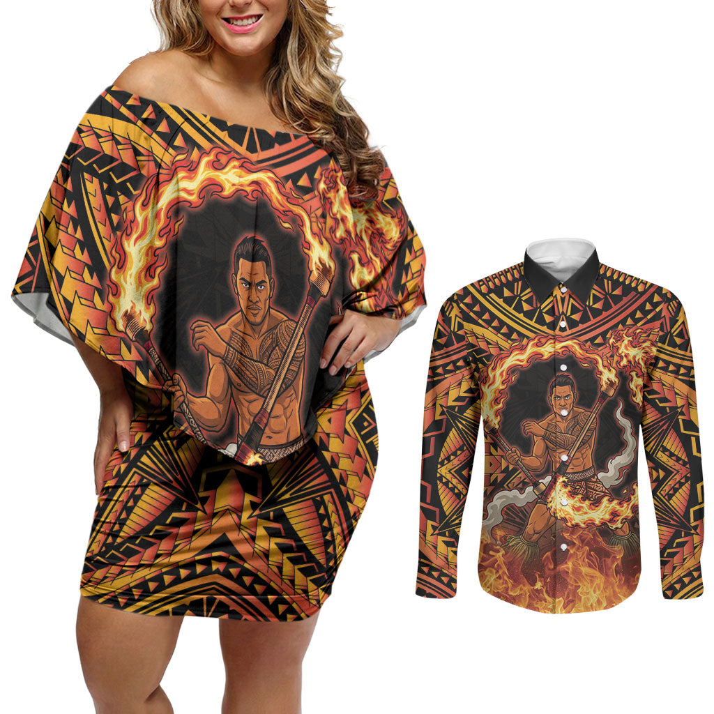 Samoa Siva Afi Dance Fireknife Couples Matching Off Shoulder Short Dress and Long Sleeve Button Shirt Samoan Tribal Motif Dancing in the Fire LT9 Red - Polynesian Pride