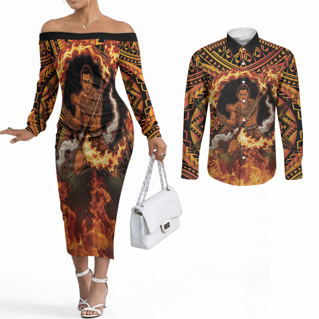 Samoa Siva Afi Dance Fireknife Couples Matching Off The Shoulder Long Sleeve Dress and Long Sleeve Button Shirt Samoan Tribal Motif Dancing in the Fire LT9 Red - Polynesian Pride