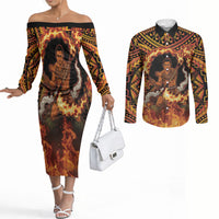 Samoa Siva Afi Dance Fireknife Couples Matching Off The Shoulder Long Sleeve Dress and Long Sleeve Button Shirt Samoan Tribal Motif Dancing in the Fire LT9 Red - Polynesian Pride