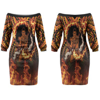 Samoa Siva Afi Dance Fireknife Couples Matching Off The Shoulder Long Sleeve Dress and Long Sleeve Button Shirt Samoan Tribal Motif Dancing in the Fire LT9 - Polynesian Pride