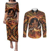 Samoa Siva Afi Dance Fireknife Couples Matching Puletasi and Long Sleeve Button Shirt Samoan Tribal Motif Dancing in the Fire LT9 Red - Polynesian Pride