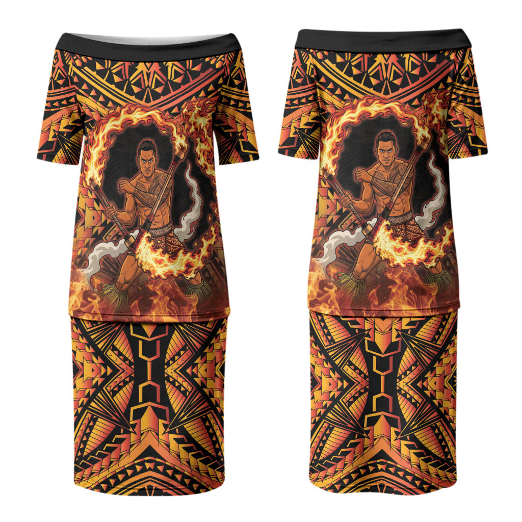 Samoa Siva Afi Dance Fireknife Couples Matching Puletasi and Long Sleeve Button Shirt Samoan Tribal Motif Dancing in the Fire LT9 - Polynesian Pride