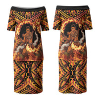 Samoa Siva Afi Dance Fireknife Couples Matching Puletasi and Long Sleeve Button Shirt Samoan Tribal Motif Dancing in the Fire LT9 - Polynesian Pride