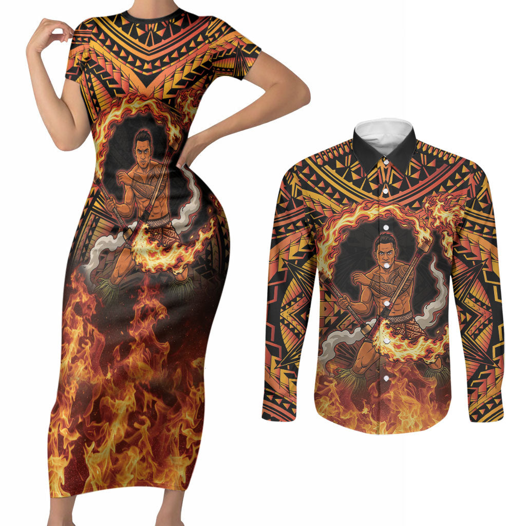 Samoa Siva Afi Dance Fireknife Couples Matching Short Sleeve Bodycon Dress and Long Sleeve Button Shirt Samoan Tribal Motif Dancing in the Fire LT9 Red - Polynesian Pride