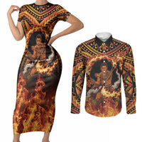 Samoa Siva Afi Dance Fireknife Couples Matching Short Sleeve Bodycon Dress and Long Sleeve Button Shirt Samoan Tribal Motif Dancing in the Fire LT9 Red - Polynesian Pride