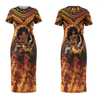 Samoa Siva Afi Dance Fireknife Couples Matching Short Sleeve Bodycon Dress and Long Sleeve Button Shirt Samoan Tribal Motif Dancing in the Fire LT9 - Polynesian Pride