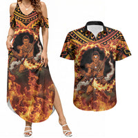Samoa Siva Afi Dance Fireknife Couples Matching Summer Maxi Dress and Hawaiian Shirt Samoan Tribal Motif Dancing in the Fire LT9 Red - Polynesian Pride