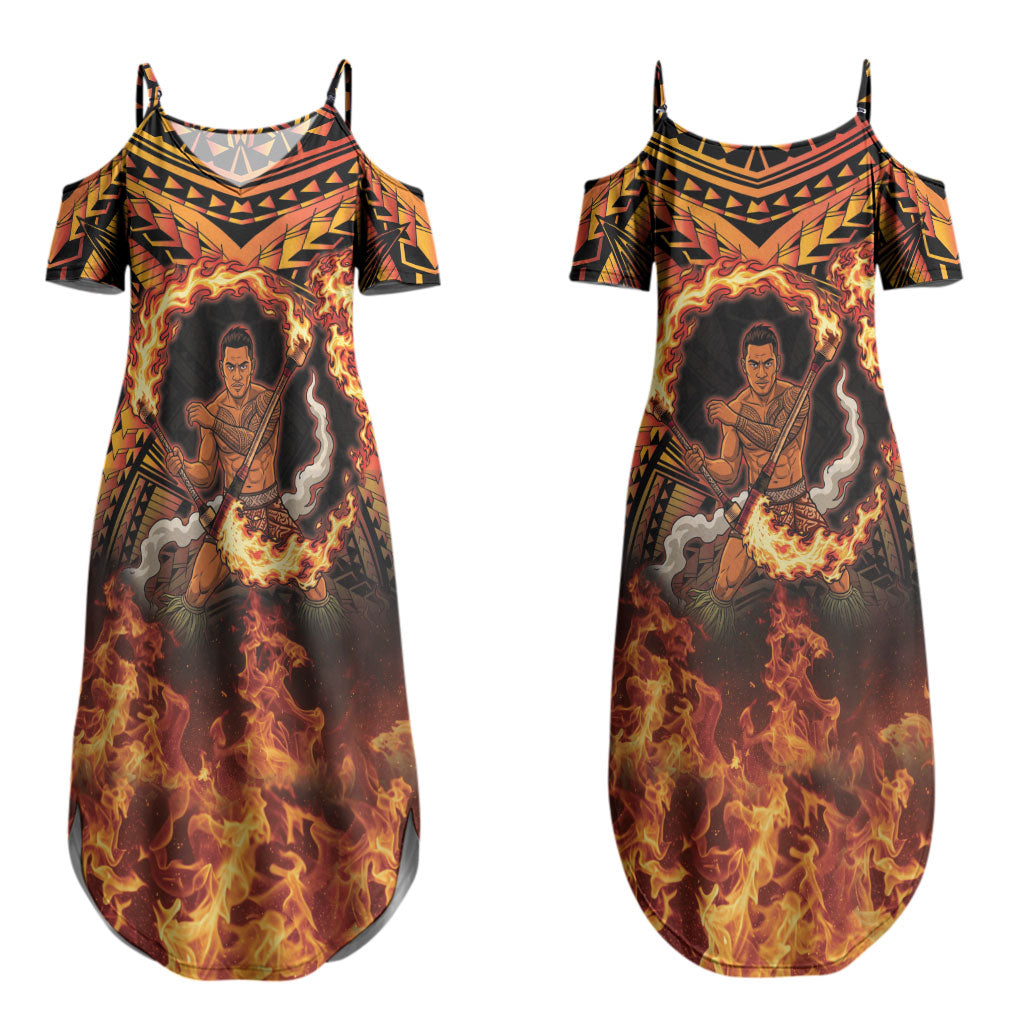 Samoa Siva Afi Dance Fireknife Couples Matching Summer Maxi Dress and Hawaiian Shirt Samoan Tribal Motif Dancing in the Fire LT9 - Polynesian Pride