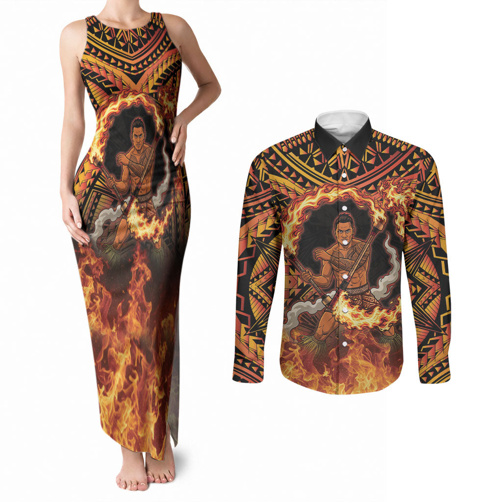 Samoa Siva Afi Dance Fireknife Couples Matching Tank Maxi Dress and Long Sleeve Button Shirt Samoan Tribal Motif Dancing in the Fire LT9 Red - Polynesian Pride