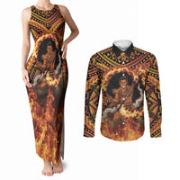 Samoa Siva Afi Dance Fireknife Couples Matching Tank Maxi Dress and Long Sleeve Button Shirt Samoan Tribal Motif Dancing in the Fire LT9 Red - Polynesian Pride