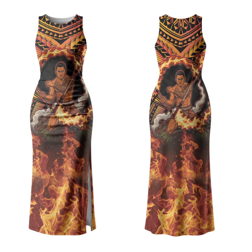 Samoa Siva Afi Dance Fireknife Couples Matching Tank Maxi Dress and Long Sleeve Button Shirt Samoan Tribal Motif Dancing in the Fire LT9 - Polynesian Pride