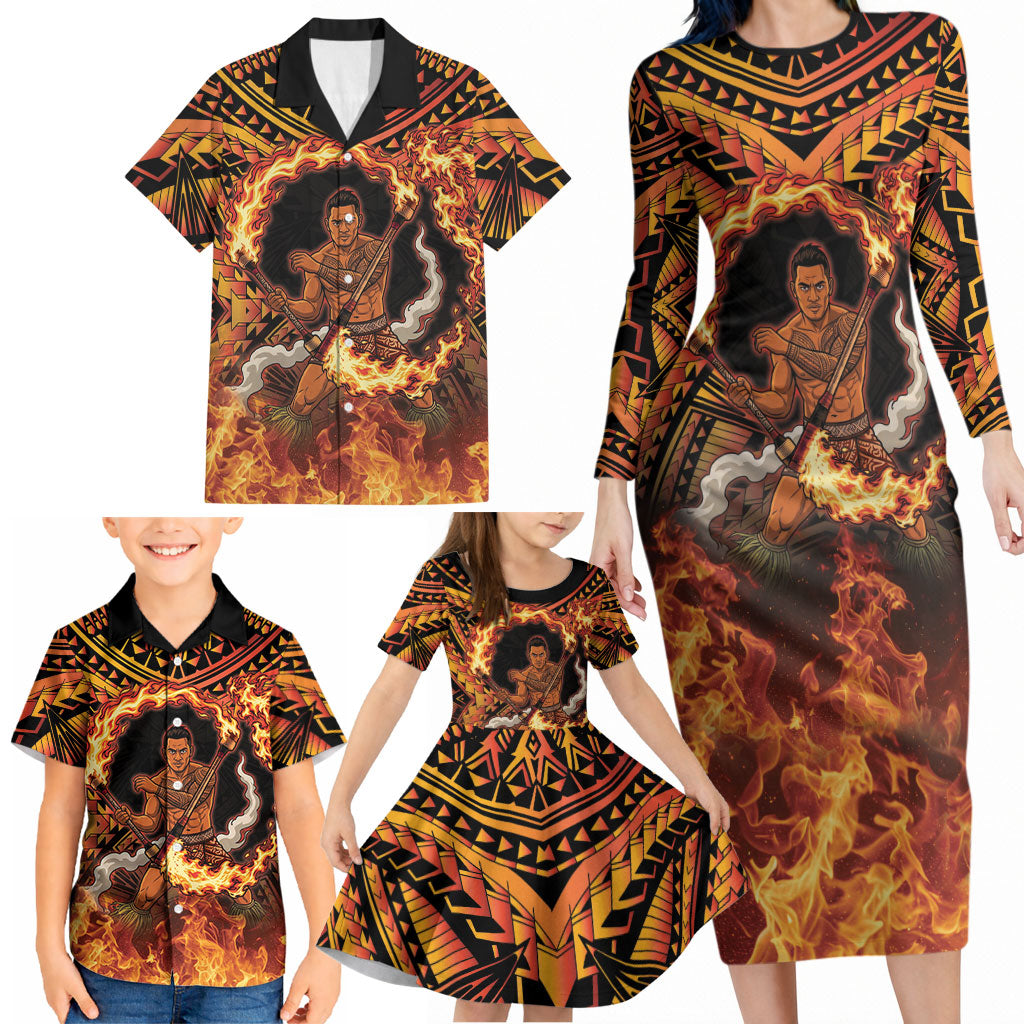 Samoa Siva Afi Dance Fireknife Family Matching Long Sleeve Bodycon Dress and Hawaiian Shirt Samoan Tribal Motif Dancing in the Fire LT9 - Polynesian Pride