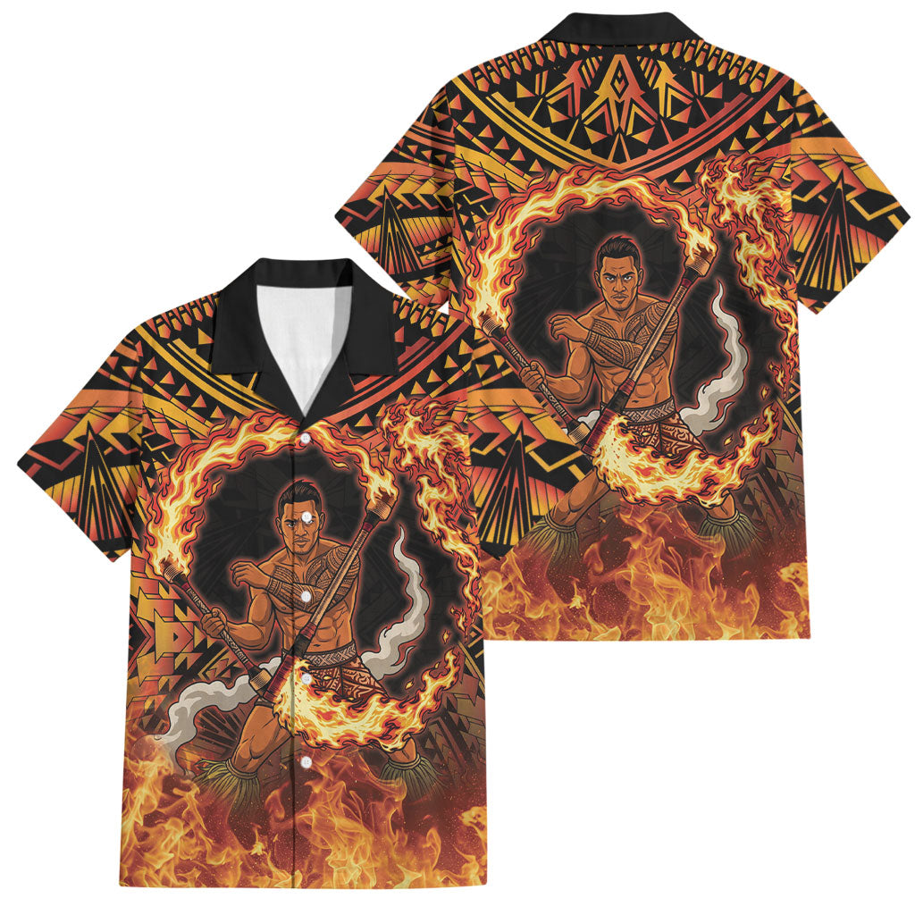 Samoa Siva Afi Dance Fireknife Family Matching Long Sleeve Bodycon Dress and Hawaiian Shirt Samoan Tribal Motif Dancing in the Fire LT9 Dad's Shirt - Short Sleeve Red - Polynesian Pride