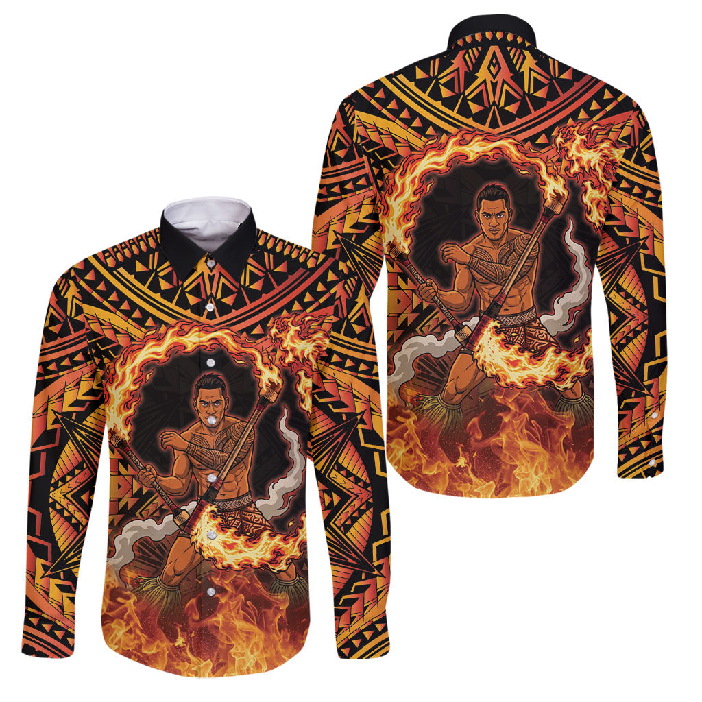 Samoa Siva Afi Dance Fireknife Family Matching Long Sleeve Bodycon Dress and Hawaiian Shirt Samoan Tribal Motif Dancing in the Fire LT9 Dad's Shirt - Long Sleeve Red - Polynesian Pride