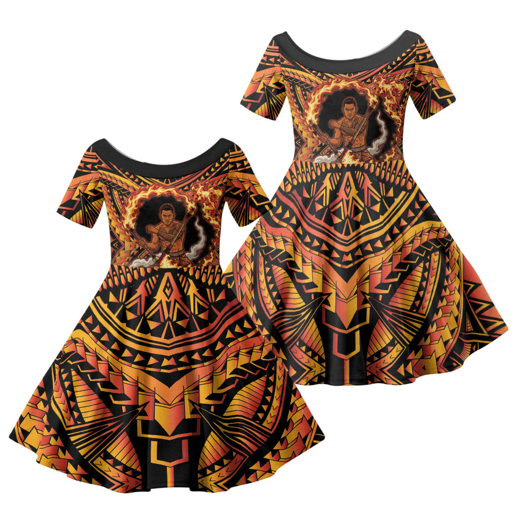 Samoa Siva Afi Dance Fireknife Family Matching Long Sleeve Bodycon Dress and Hawaiian Shirt Samoan Tribal Motif Dancing in the Fire LT9 Daughter's Dress Red - Polynesian Pride