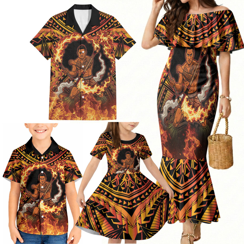 Samoa Siva Afi Dance Fireknife Family Matching Mermaid Dress and Hawaiian Shirt Samoan Tribal Motif Dancing in the Fire LT9 - Polynesian Pride