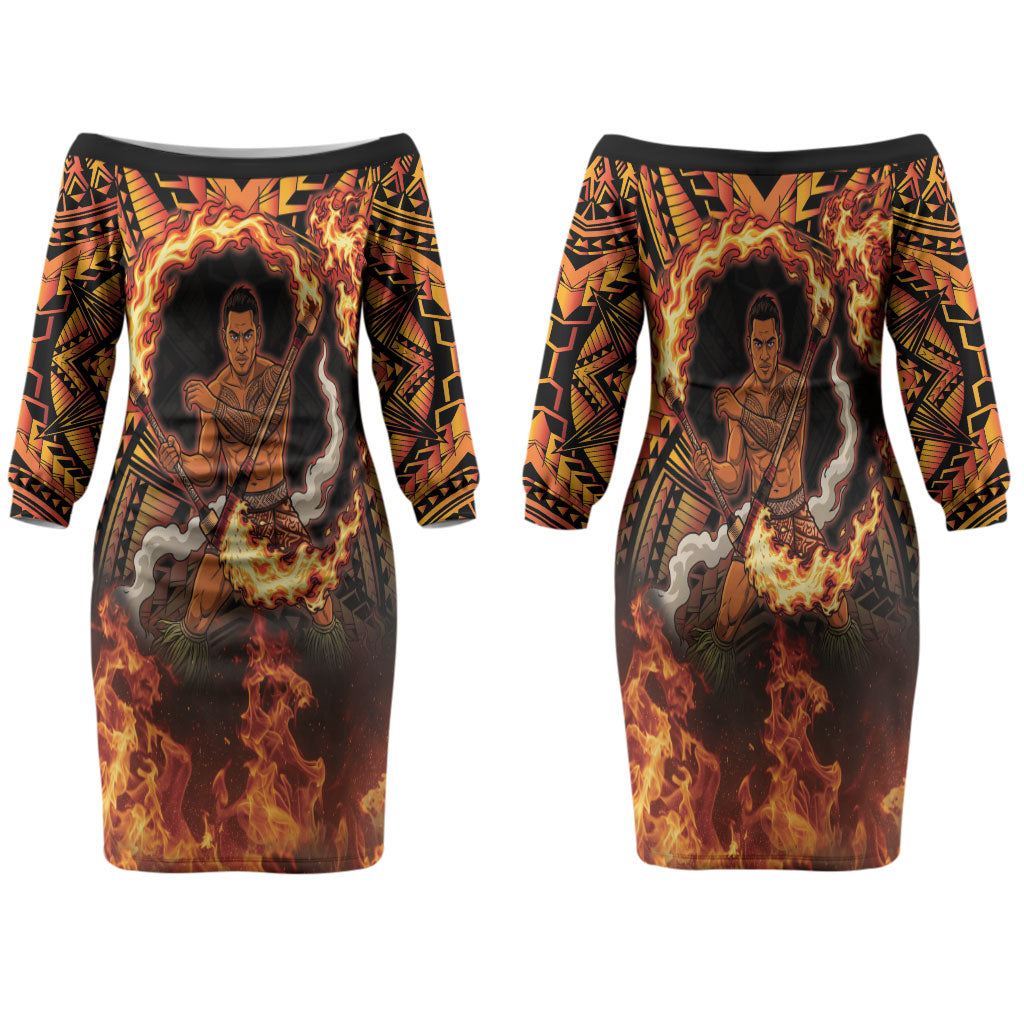 Samoa Siva Afi Dance Fireknife Family Matching Off The Shoulder Long Sleeve Dress and Hawaiian Shirt Samoan Tribal Motif Dancing in the Fire LT9 Mom's Dress Red - Polynesian Pride