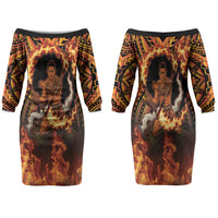 Samoa Siva Afi Dance Fireknife Family Matching Off The Shoulder Long Sleeve Dress and Hawaiian Shirt Samoan Tribal Motif Dancing in the Fire LT9 Mom's Dress Red - Polynesian Pride