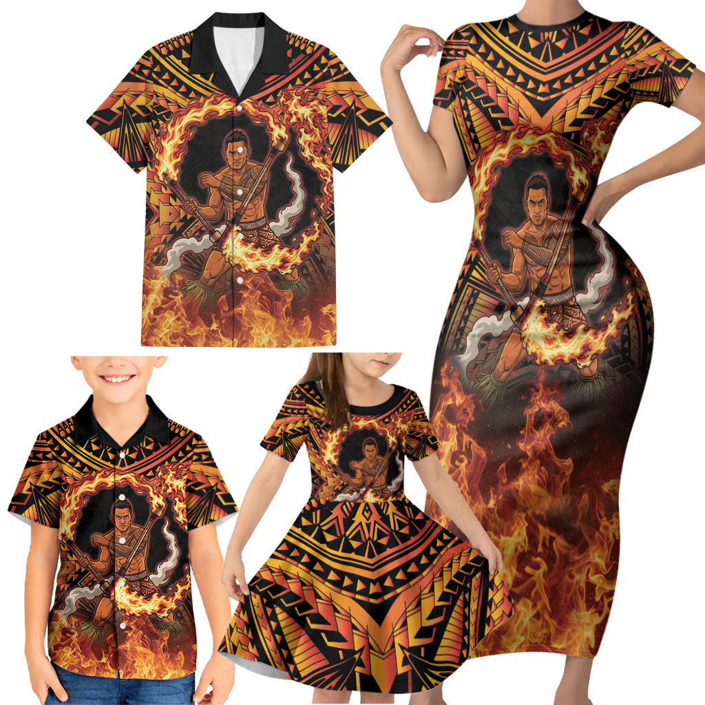 Samoa Siva Afi Dance Fireknife Family Matching Short Sleeve Bodycon Dress and Hawaiian Shirt Samoan Tribal Motif Dancing in the Fire LT9 - Polynesian Pride