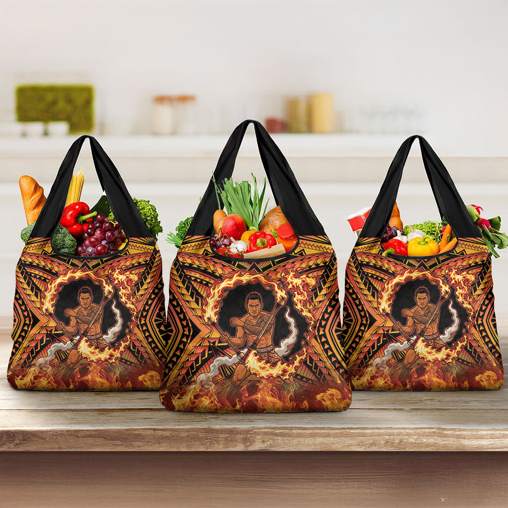 Samoa Siva Afi Dance Fireknife Grocery Bag Samoan Tribal Motif Dancing in the Fire LT9 3-pack One Size Red - Polynesian Pride