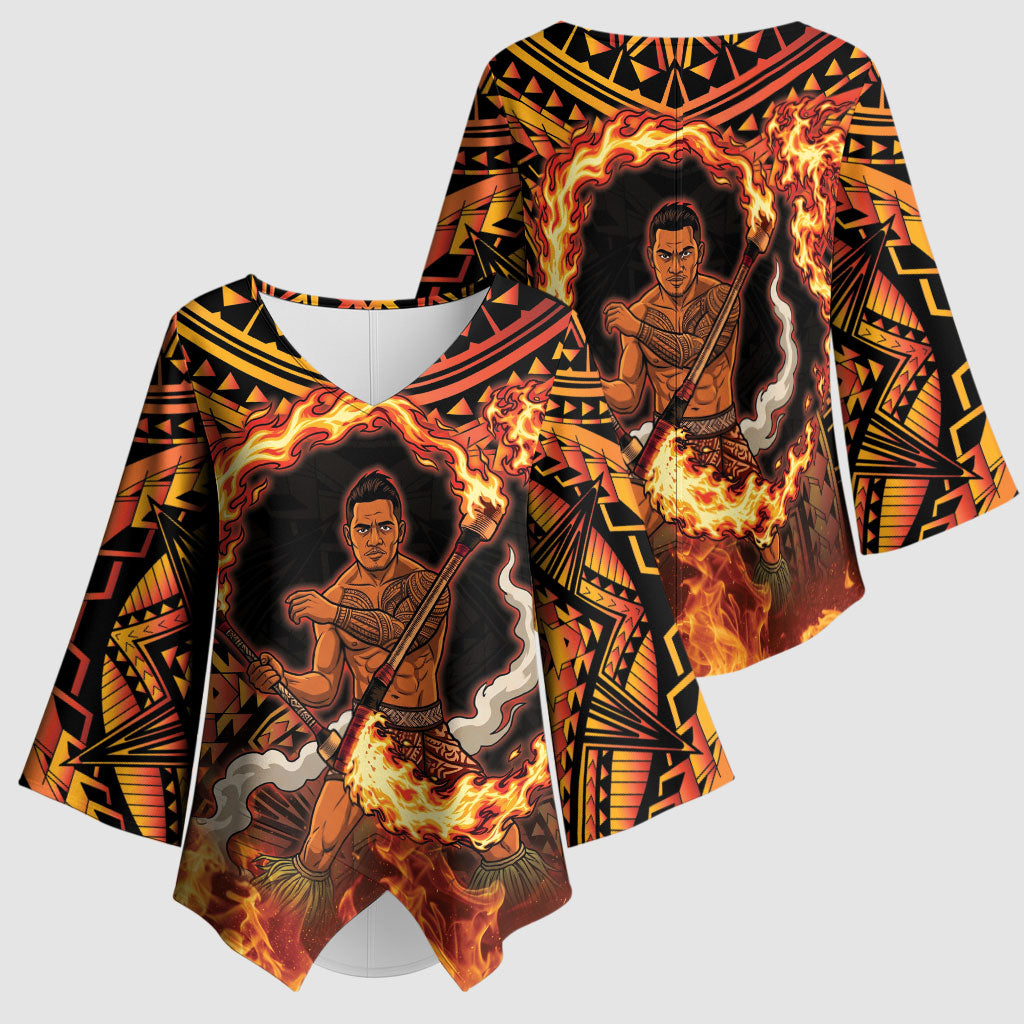 Samoa Siva Afi Dance Fireknife Kimono Sleeve Blouse Samoan Tribal Motif Dancing in the Fire LT9 - Polynesian Pride