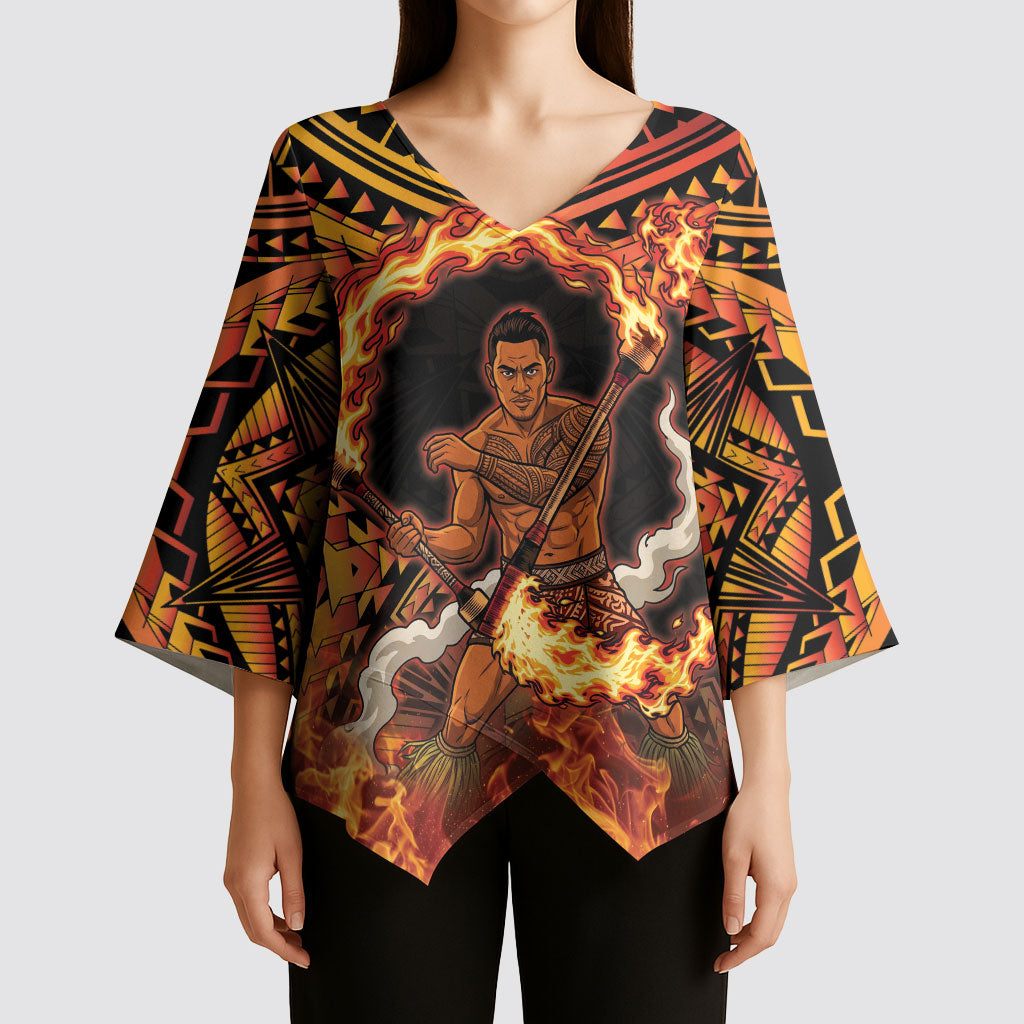 Samoa Siva Afi Dance Fireknife Kimono Sleeve Blouse Samoan Tribal Motif Dancing in the Fire LT9 - Polynesian Pride