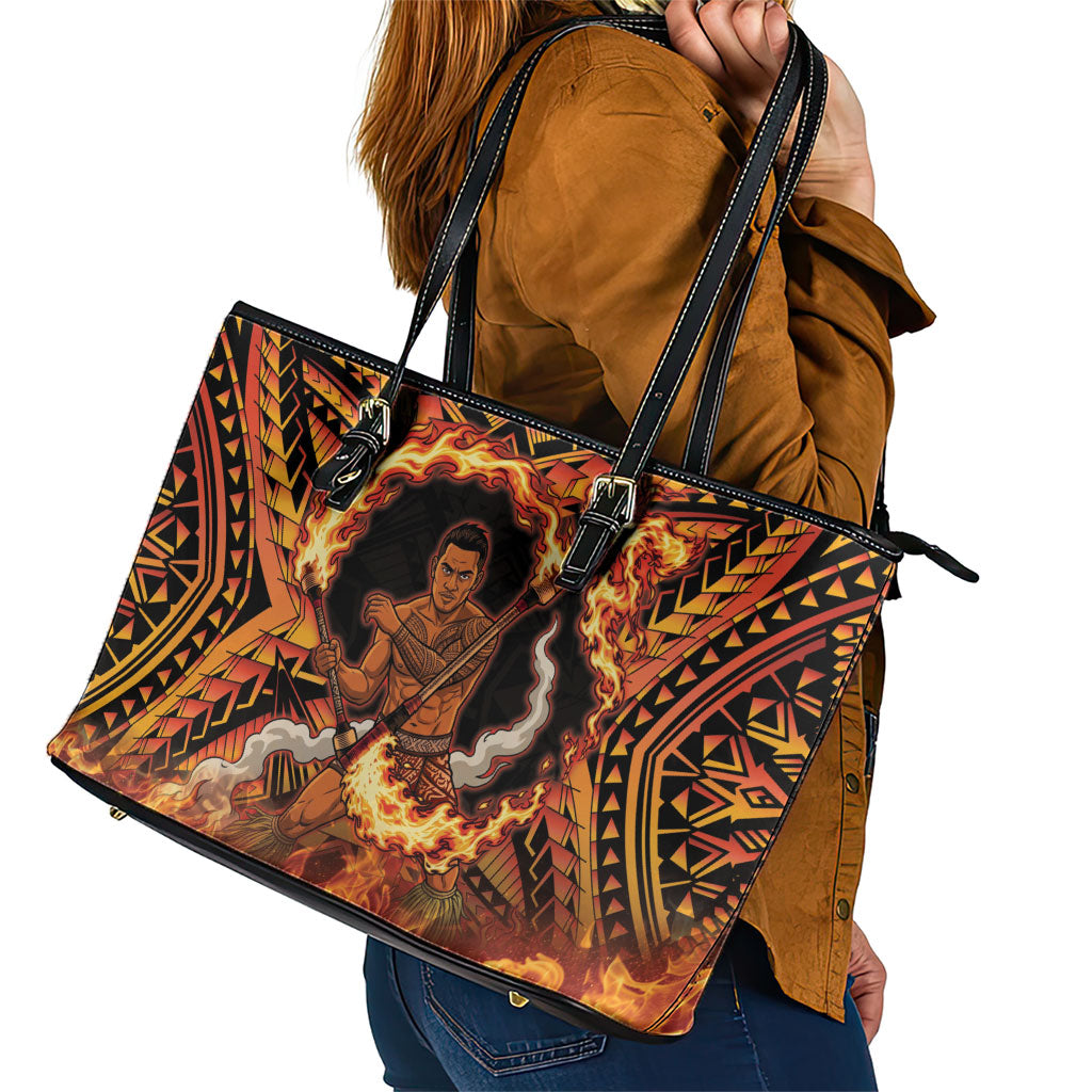 Samoa Siva Afi Dance Fireknife Leather Tote Bag Samoan Tribal Motif Dancing in the Fire LT9 - Polynesian Pride