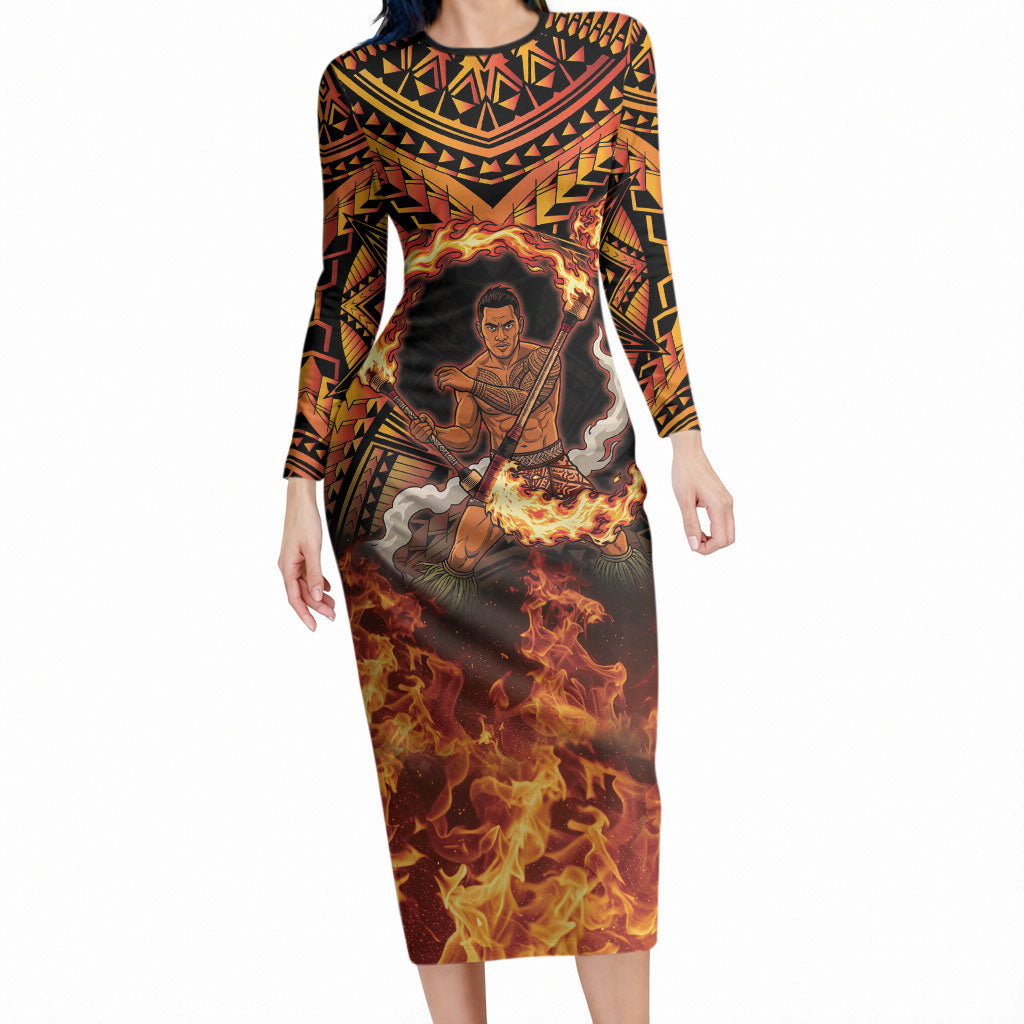 Samoa Siva Afi Dance Fireknife Long Sleeve Bodycon Dress Samoan Tribal Motif Dancing in the Fire LT9 Long Dress Red - Polynesian Pride
