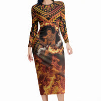 Samoa Siva Afi Dance Fireknife Long Sleeve Bodycon Dress Samoan Tribal Motif Dancing in the Fire LT9 Long Dress Red - Polynesian Pride