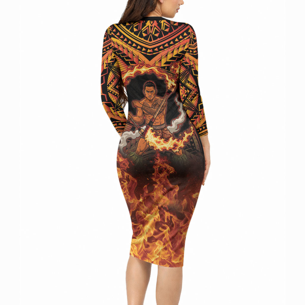 Samoa Siva Afi Dance Fireknife Long Sleeve Bodycon Dress Samoan Tribal Motif Dancing in the Fire LT9 - Polynesian Pride