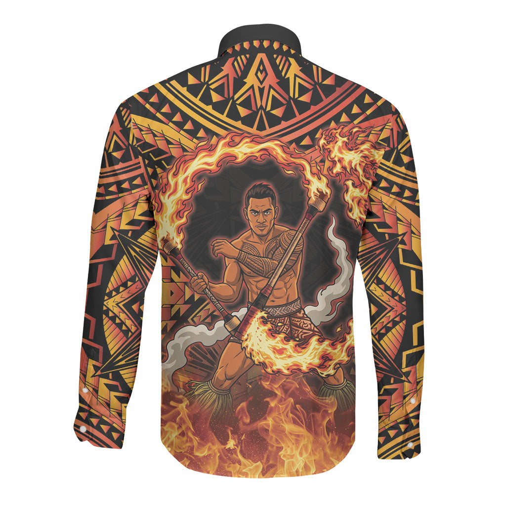 Samoa Siva Afi Dance Fireknife Long Sleeve Button Shirt Samoan Tribal Motif Dancing in the Fire LT9 - Polynesian Pride
