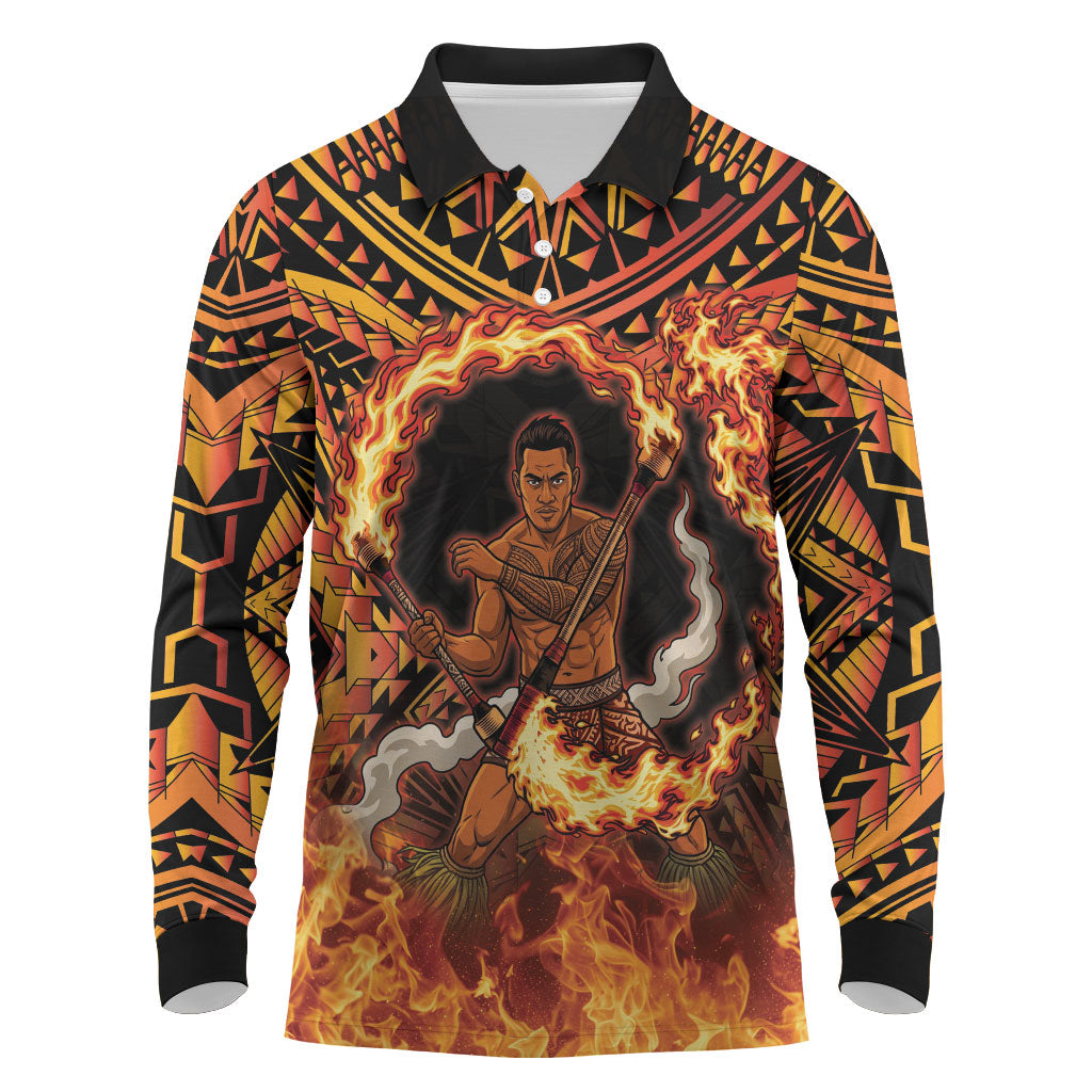 Samoa Siva Afi Dance Fireknife Long Sleeve Polo Shirt Samoan Tribal Motif Dancing in the Fire LT9 Red - Polynesian Pride