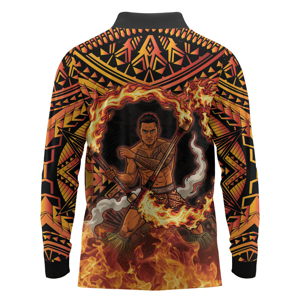 Samoa Siva Afi Dance Fireknife Long Sleeve Polo Shirt Samoan Tribal Motif Dancing in the Fire LT9 - Polynesian Pride