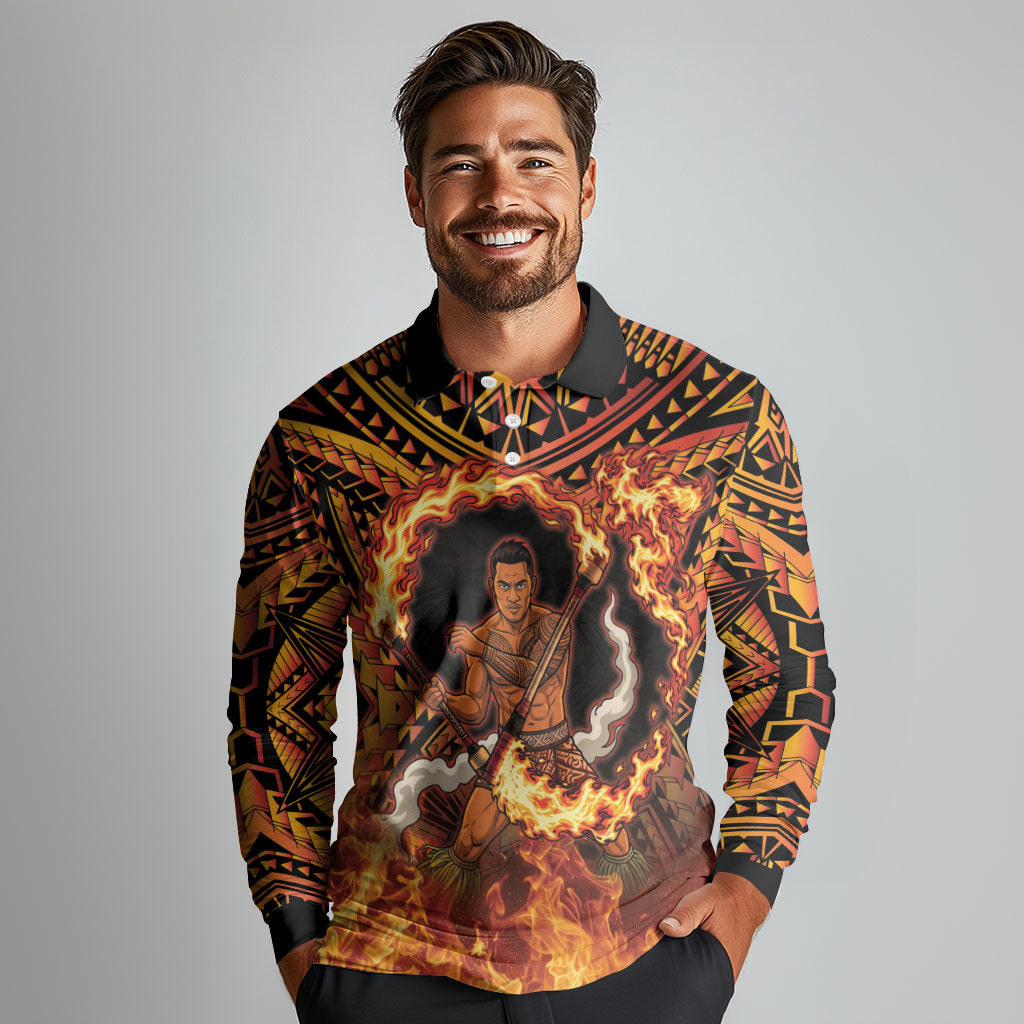 Samoa Siva Afi Dance Fireknife Long Sleeve Polo Shirt Samoan Tribal Motif Dancing in the Fire LT9 - Polynesian Pride