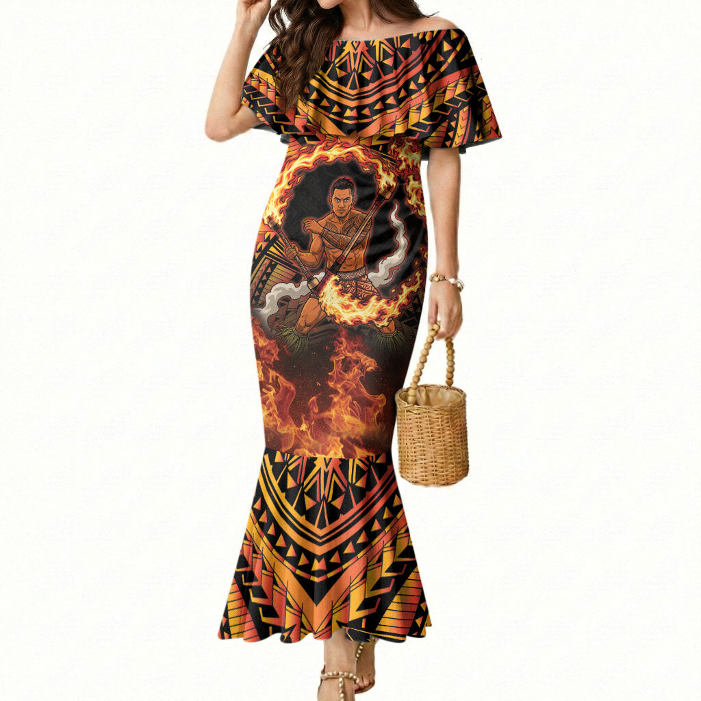 Samoa Siva Afi Dance Fireknife Mermaid Dress Samoan Tribal Motif Dancing in the Fire LT9 Women Red - Polynesian Pride
