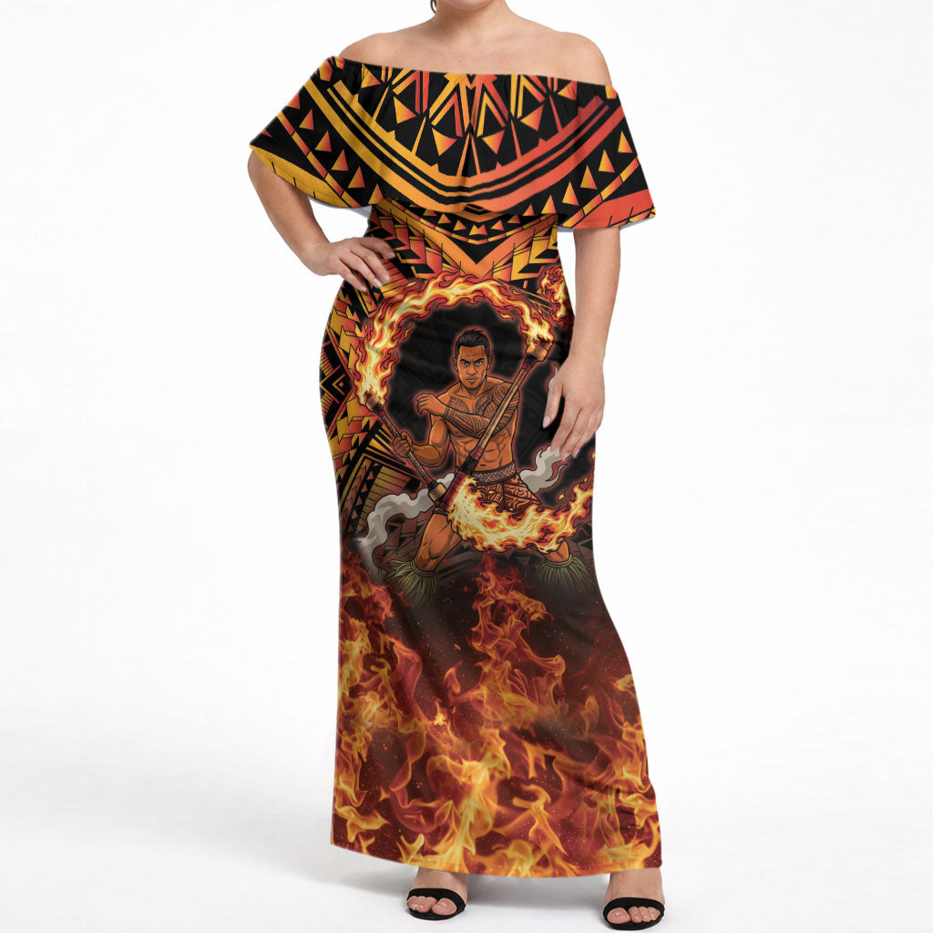 Samoa Siva Afi Dance Fireknife Off Shoulder Maxi Dress Samoan Tribal Motif Dancing in the Fire LT9 Women Red - Polynesian Pride