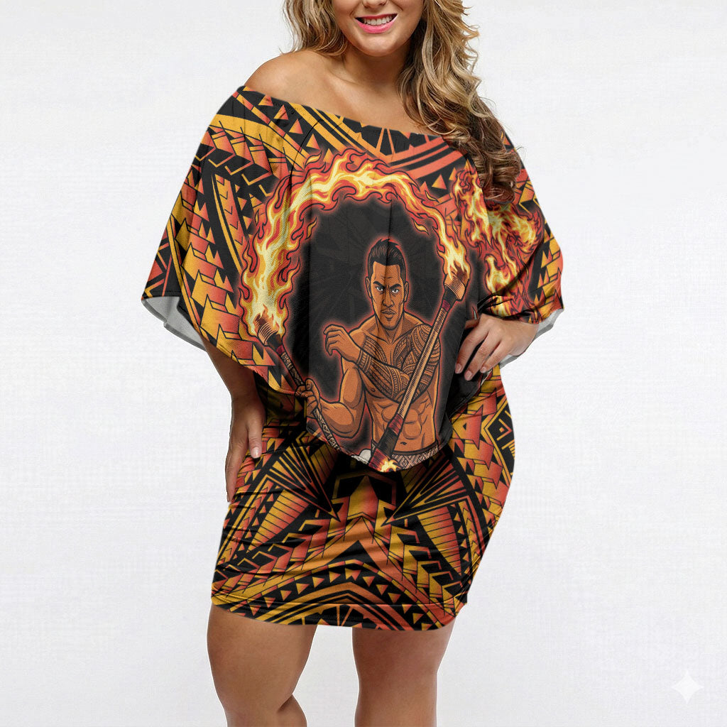 Samoa Siva Afi Dance Fireknife Off Shoulder Short Dress Samoan Tribal Motif Dancing in the Fire LT9 Women Red - Polynesian Pride
