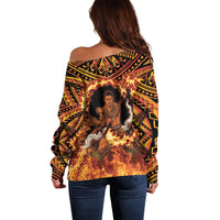Samoa Siva Afi Dance Fireknife Off Shoulder Sweater Samoan Tribal Motif Dancing in the Fire LT9 - Polynesian Pride