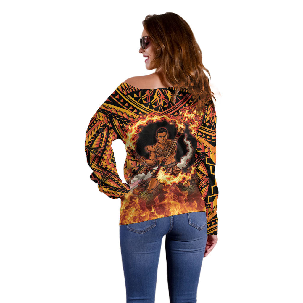 Samoa Siva Afi Dance Fireknife Off Shoulder Sweater Samoan Tribal Motif Dancing in the Fire LT9 - Polynesian Pride